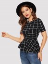 Grid Print Peplum Hem Blouse