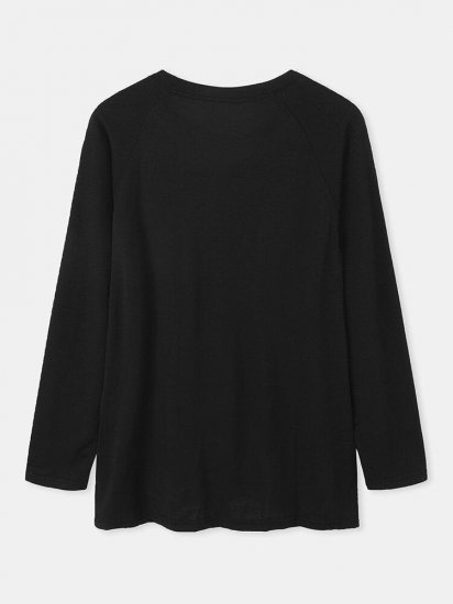 Black Cat Print Long Sleeve V-neck White Striped T-shirt For Women - Click Image to Close
