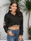 Leopard Print Patchwork Drawstring Long Sleeves Casual Tops