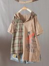 Cartoon Printed Plaid Short Sleeve Hooded Patchwork T-shirt