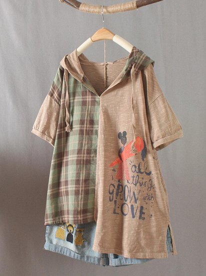 Cartoon Printed Plaid Short Sleeve Hooded Patchwork T-shirt - Click Image to Close