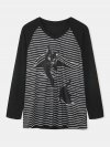 Black Cat Print Long Sleeve V-neck White Striped T-shirt For Women