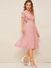 Ruffle Trim Puff Sleeve Shirred Waist Dress