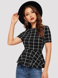 Grid Print Peplum Hem Blouse
