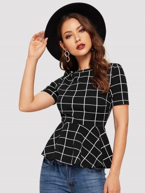 Grid Print Peplum Hem Blouse