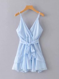Asymmetrical Hem Surplice Front Zipper Cami Dress
