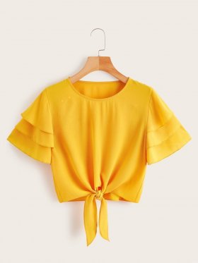 Layered Sleeve Knot Hem Blouse