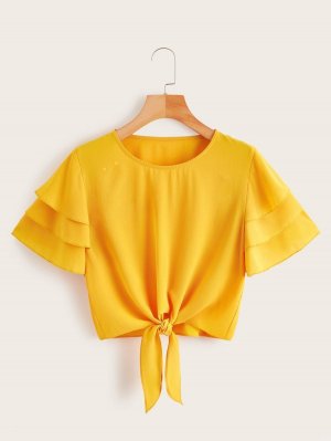 Layered Sleeve Knot Hem Blouse
