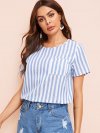 Pocket Patched Button Back Striped Blouse